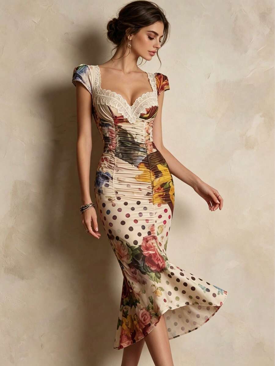 ELYRADIA Robe d'été élégante à imprimé floral et pois - Beige - Voir 1