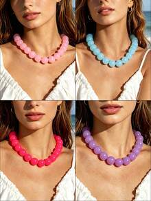 1pc European & American Bohemian Geometric Semi-Transparent Beaded Necklace For Women, Summer Beach Vacation - Handmade Acrylic Beaded Necklace - View 3