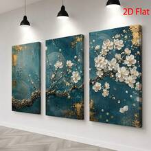 3 Pieces 2D Flat- Three Panels With Blue Backgrounds Gold Accents And White Cherry Blossoms Themed Canvas Wall Art, Waterproof Canvas Prints Ready To Hang, Home Room Decor Gifts For Father's Day, Graduation, Birthday - Framed - View 3
