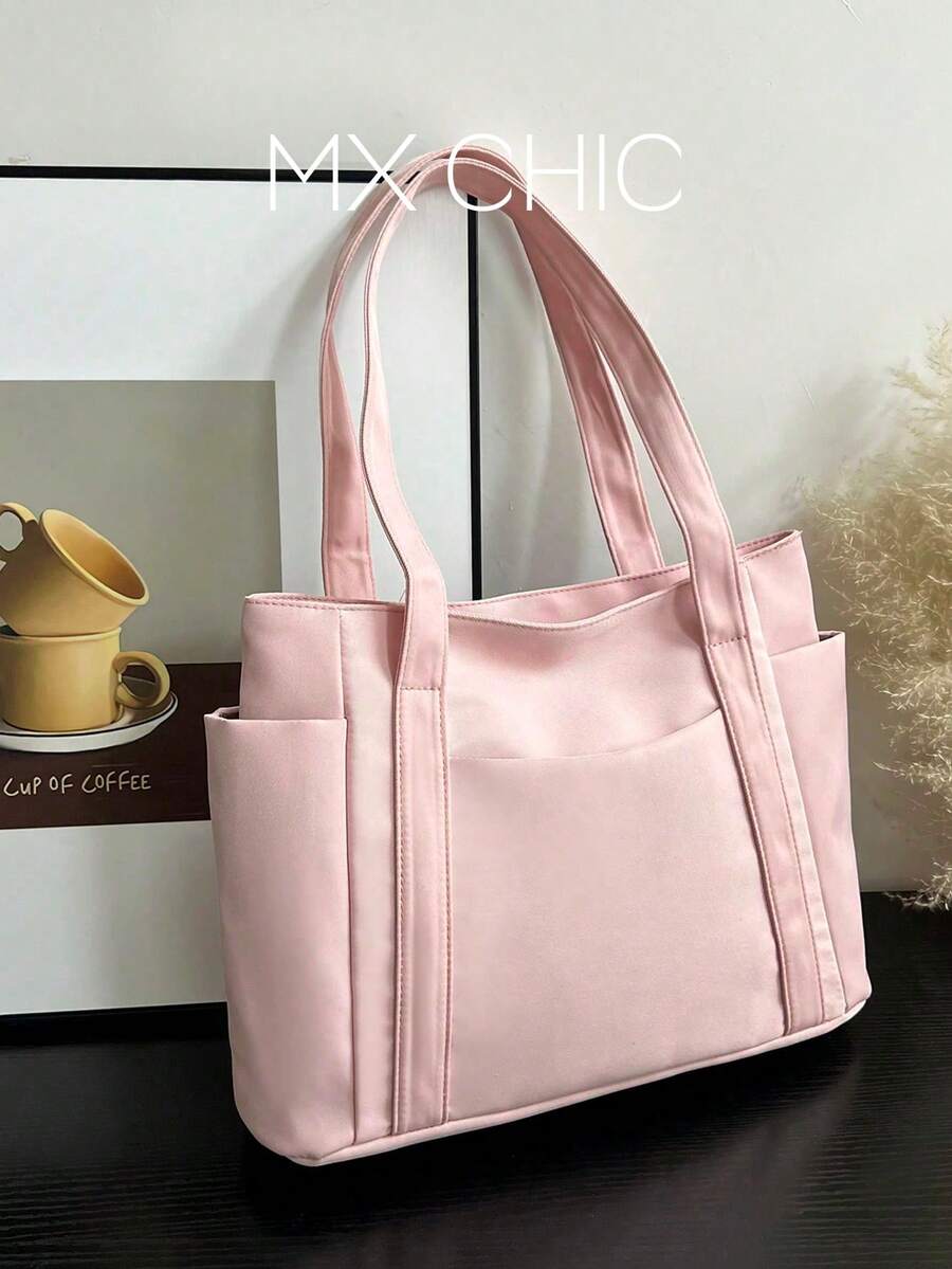 Fashionable Solid Color Minimalist Casual Large Capacity Tote Bag - Pink - View 1