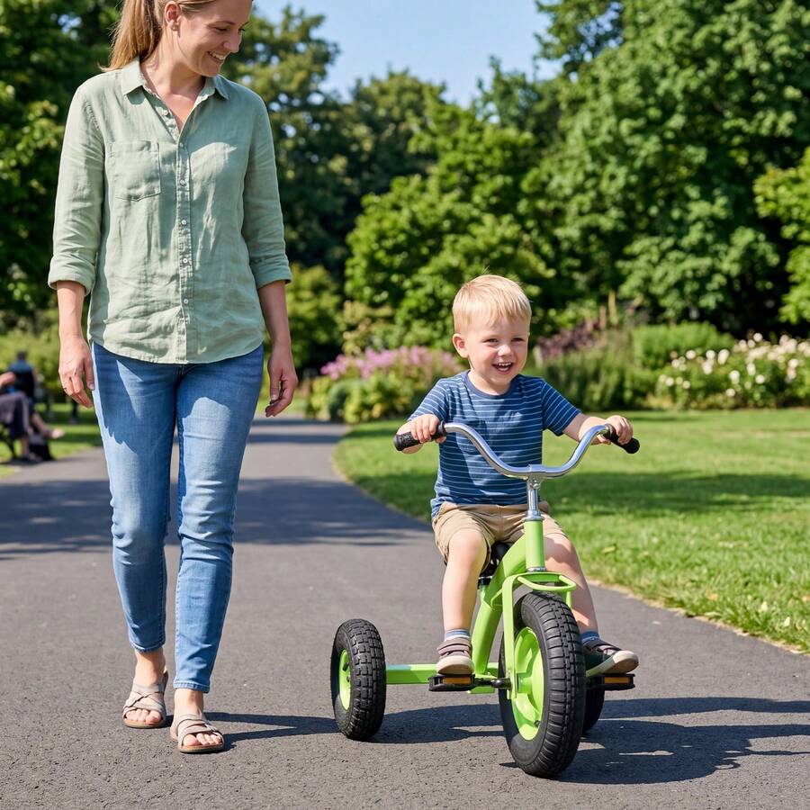 Kids Tricycle W/15 Inch Inflatable Rubber Tires Adjustable Handlebar & Seat - Green - View 1