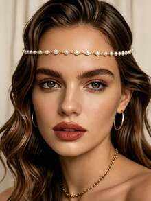 1pc Luxury Bling Pearl Head Chain, Fashionable Personalized Stage Performance Women's Daily Hair Accessory - Gold - View 1