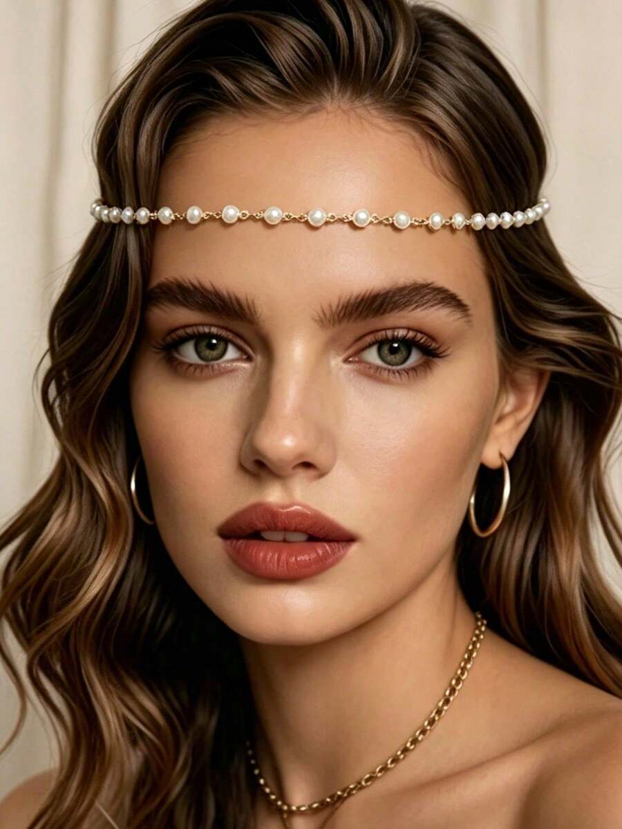 1pc Luxury Bling Pearl Head Chain, Fashionable Personalized Stage Performance Women's Daily Hair Accessory - Gold - View 1