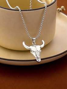 1pc European & American Western Cowboy Style White Gold Bull Head Couple Necklace - Platinum - View 6