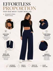Quiet Luxury Navy Blue High-Waist Pleated Wide Leg Pants For Women, Woven Non-Stretch Draping Anti-Wrinkle All-Season Commute Long Pants - Blue - View 8