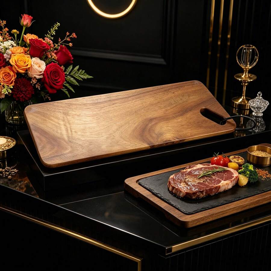 1 Stück Premium Akazienholz Servierbrett, exquisites Steakbrett, rechteckiges Steakbrett, hochwertiges Servierbrett. Speziell für Steak, Fleisch, Gemüse, Obstsalat. Geeignet für Hotel, westliches Restaurant, japanische Küche. - Übersicht 1