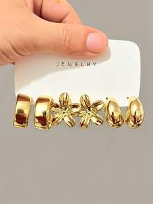 6-24 piezas Pendientes de moda para mujer en color dorado, forma de gota de agua redonda completa, textura metálica brillante, diseño minimalista de alta gama con flor de metal único, estilo vintage suave, aro grueso y liso curvado, estilo versátil europeo y americano adecuado para ir al trabajo y vacaciones - Dorado - Ver 7