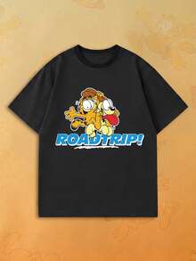 SHEIN | Garfield 女款黑色圓領T恤，兩個卡通角色公路旅行字母印花，寬鬆大碼短袖，適合旅行街頭休閒女孩穿搭 - 黑色 - 查看 1