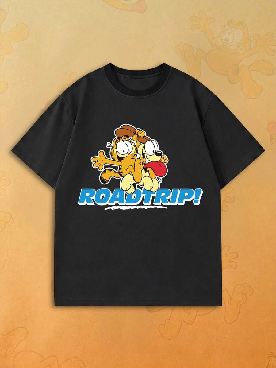 SHEIN | Garfield 女款黑色圓領T恤，兩個卡通角色公路旅行字母印花，寬鬆大碼短袖，適合旅行街頭休閒女孩穿搭 - 黑色 - 查看 1