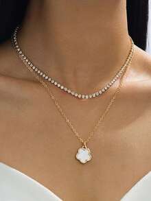 1pc Fashionable Elegant Lucky Full Rhinestone Hollow Four-Leaf Clover Necklace, Multi-Layer Chain Layering High-End Jewelry - Gold 1 - View 1