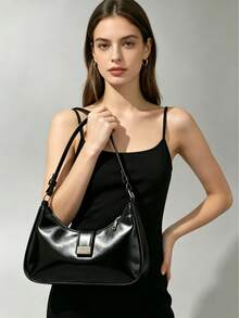 Minimalist Black Curved Crescent-Shaped Messenger Bag With Adjustable Shoulder Strap, Vintage Shoulder Bag - A - View 3