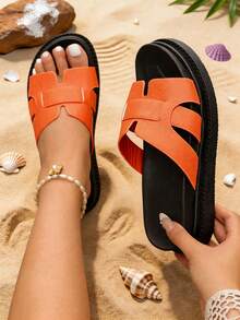 Spring/Summer New Buckle Thick Sole Open Toe Wedge Sandals Women's Casual Soft Bottom Versatile Beach Shoes - Coral Orange - View 4