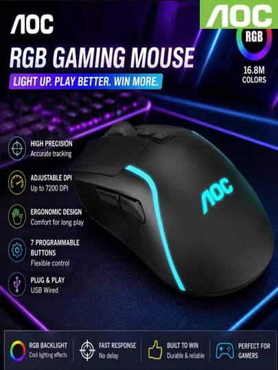 AOC Esports Wired Mouse With RGB Backlighting, 7-Button Design, Lightweight Ergonomic Shape, ABS Material, 1.5-Meter Braided Cable, High Sensitivity And Low Latency-Compatible With Desktops, Laptops, Office Work, Entertainment, And Esports Gaming