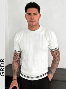 Camiseta de manga corta de punto acanalado de cuello redondo simple para hombre GRDR - Uso diario casual - Blanco - Ver 1