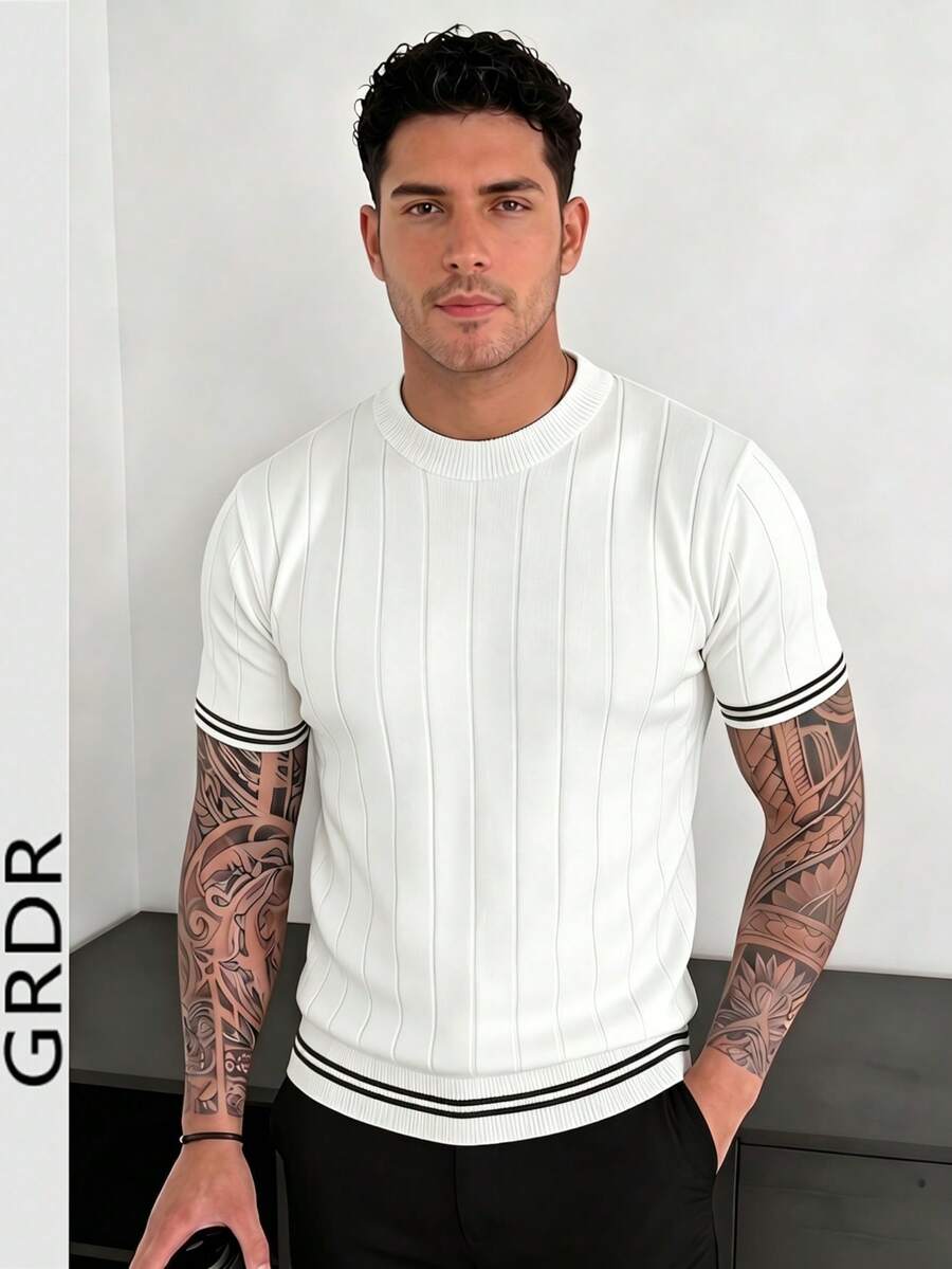 Camiseta de manga corta de punto acanalado de cuello redondo simple para hombre GRDR - Uso diario casual - Blanco - Ver 1