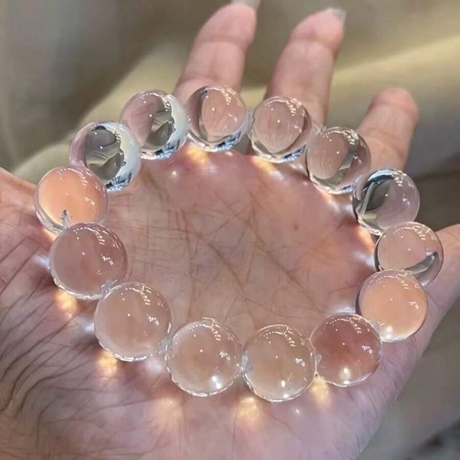 1pc Transparent 16mm Glass Bead Faux Crystal Beaded Bracelet, Suitable For Daily Wear And Gifting - Clear - View 1