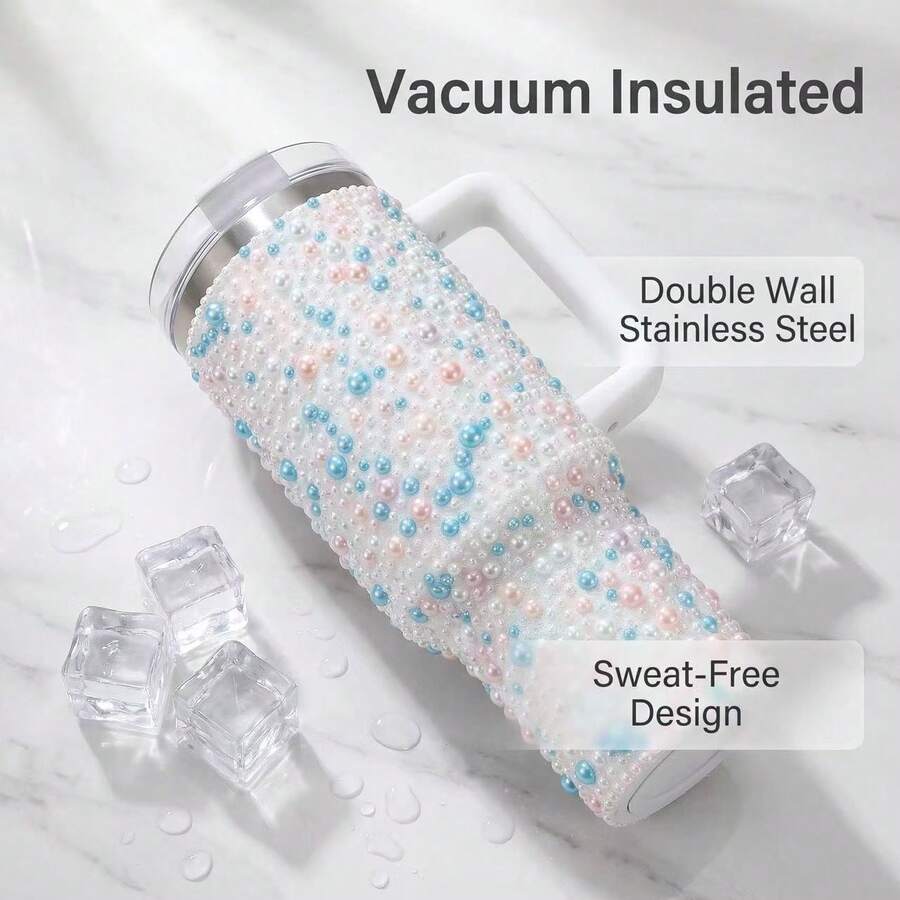 40oz Pearl Rhinestone Tumbler With Straw Lid, Sparkle Bling Water Bottle, Double Wall Vacuum Insulated Stainless Steel, Leakproof Travel Mug, Gift For Women, US Local Warehouse - Multicolor - View 1