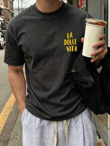 Imprimé 'Sweet Life', T-shirt ajusté d'été pour hommes, vacances, voyage, plage, rassemblement quotidien - Gris foncé - Voir 2