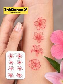 1 Set "Red Ink Flower" Temporary Tattoo Stickers, Fake Tattoos, Hibiscus, Frangipani, Lily, Waterproof, Realistic Tattoo Effect, Colorful, InkDance, Ink Dance, Easy To Apply And Remove CSX060 - Multicolor - View 2
