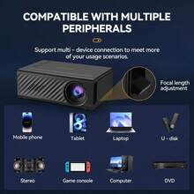 Portable Mini Projector, Full HD Wired Projector (No Bluetooth, No WiFi), Built-In Speaker And Remote Control, Wired Phone/Tablet Connection, EU/UK/US/AU Plug Adapter, Suitable For Home Theater, Office, Dorm, Travel - Black - View 6