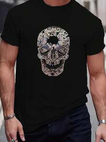 Men's Plus Size T-Shirt With Shimmering Skull Design, Casual, Crew Neck, Short Sleeve For Summer – Unique And Eye-Catching Style - 黑色 - 查看 1