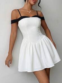 Soulscape Elegant Fashion White Off-Shoulder Mini Dress With Bow Detail On Back And Waist Party - Black and White - View 2