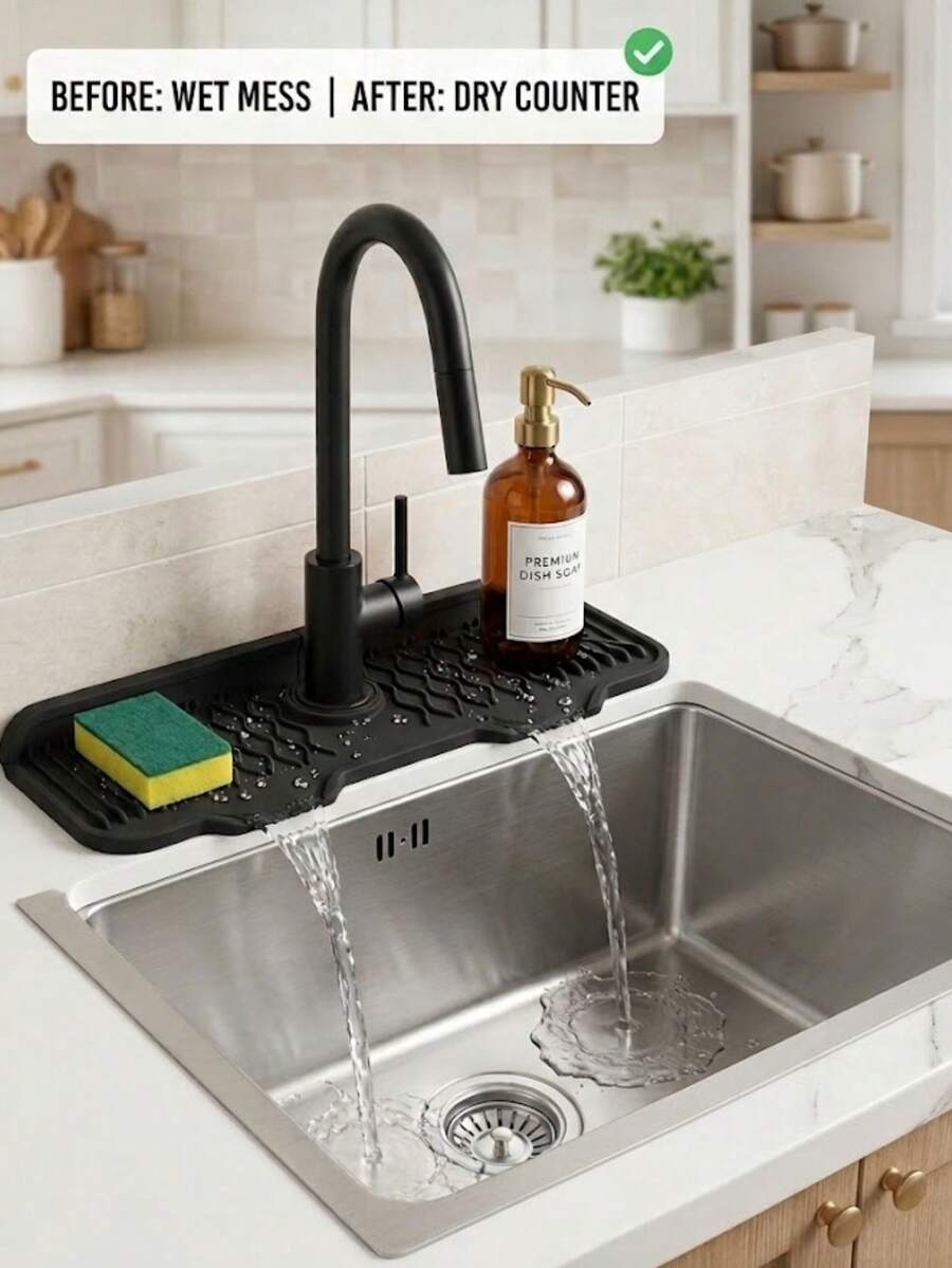 Kitchen Sink Splash Guard, Silicone Faucet Mat, 5° Sloped Design For Easier Drainage, 90° Foldable Design Compatible With Various Sink Countertops, Kitchen Supplies Kitchen Accessories Kitchen Tools