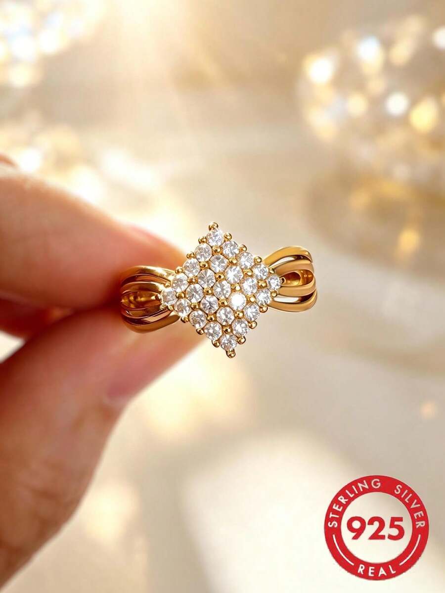 1pc S925 Sterling Silver Inlaid Synthetic Zirconia Geometric Square Women's Ring, Elegant Elegant Ladies Daily Wear Bohemian Quality Jewelry - Yellow Gold - View 1