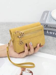 MIYIN Women's Vintage Design Snap Button Short Wallet Minimalist Style Zipper Short Leather Purse With Wrist Strap - Yellow - View 6