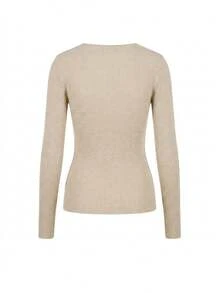 Women's V-Neck Ribbed Solid Color Long Sleeve Sweater - Oatmeal - View 3