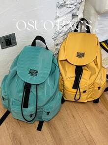 Summer Large Capacity Fashion Plaid Multi-Pocket Nylon Casual Backpack, Waterproof Lightweight Foldable Drawstring Patch Letter Travel Bag - Yellow - View 7