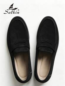 Salkin 經典設計師男士莫卡辛單色麂皮套腳便鞋，男士軟皮鞋，紳士商務社交鞋，男士日常辦公派對休閒鞋，情侶約會浪漫晚餐，返校季學生鞋，校園風，請選擇大一號 - 黑色 - 查看 4