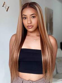 ARABELLA 13x6 Lace Max Highlight Silky Straight Wig With Drawstring 100% Human Hair Transparent Lace Front Wig 180% Density Pre Cut Lace & Pre Plucked Natural Hairline Glueless Wigs Highlight Colored Wigs - S4/27 - View 1