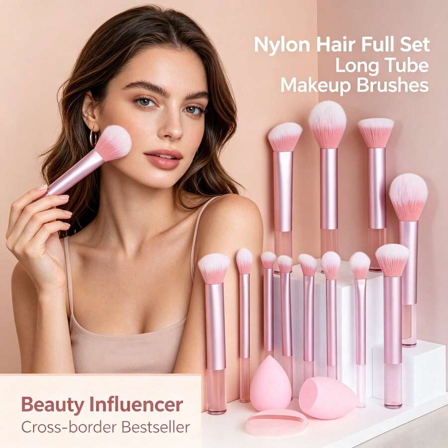 Makeup Brush Set, Long Handle Makeup Brushes, Multi-Functional Super Soft Makeup Brush Set + Slanted And Teardrop Makeup Sponges + 1 Round/Teardrop Makeup Puff Fast Makeup Application Beauty Tool - Multicolor - View 1