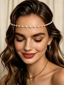 1pc Luxury Bling Pearl Head Chain, Fashionable Personalized Stage Performance Women's Daily Hair Accessory - Gold - View 2
