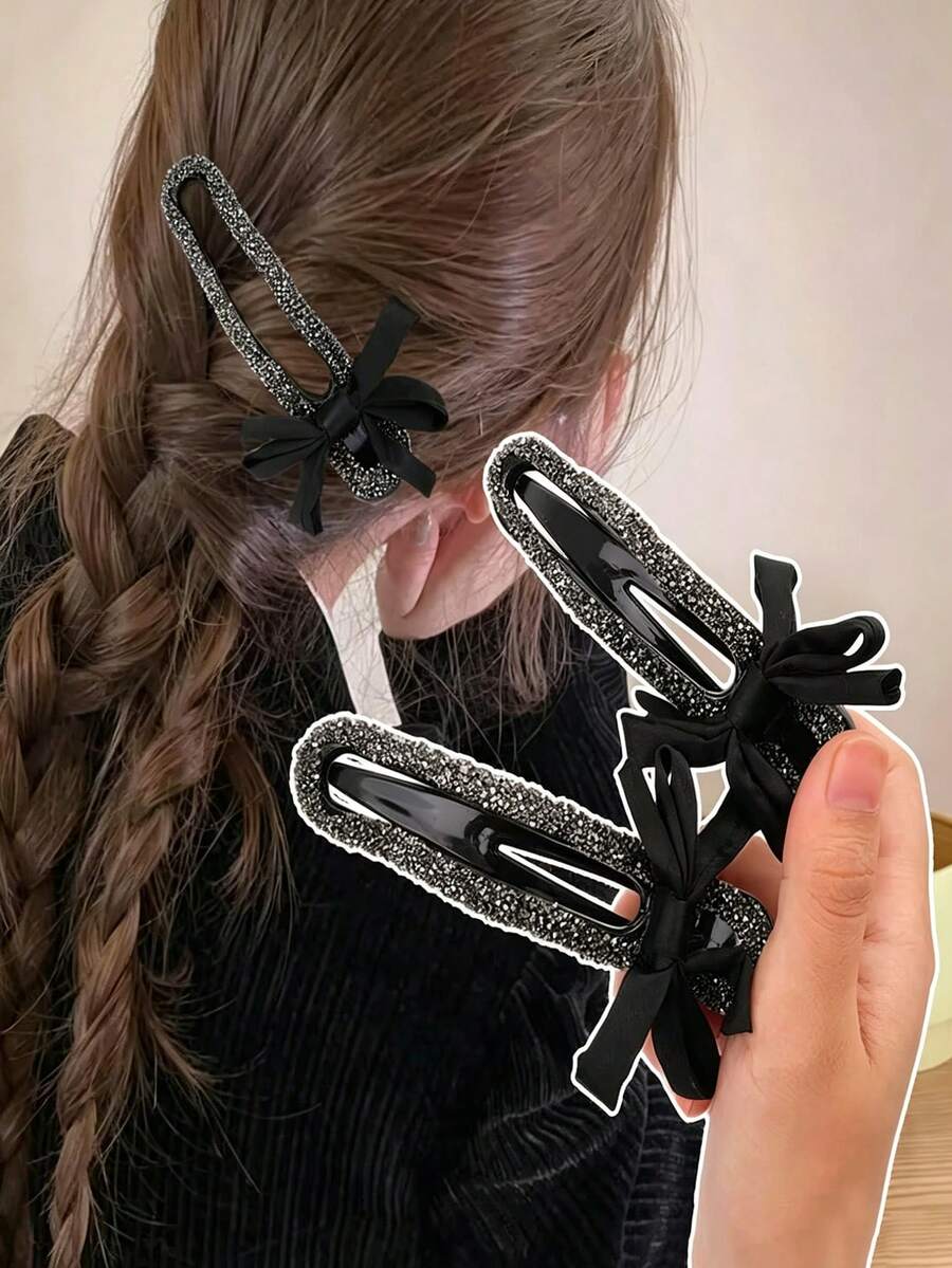 2/1 st Y2K svart hårspänne med strassrosett, prisvärd halkfri glansig krokodilklämma, nödvändig accessoar för kvinnor och flickor för resor, lämplig för vardag, fest och bröllop, kloklämma