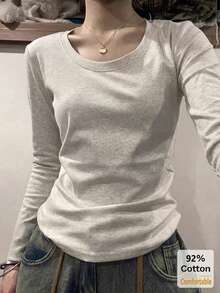 2pcs Women's Solid Color Long Sleeve T-Shirt, Round Neck Slim Fit Base Layer, Black + Heather Grey Versatile Casual Top - Heather Gray + Black - View 2
