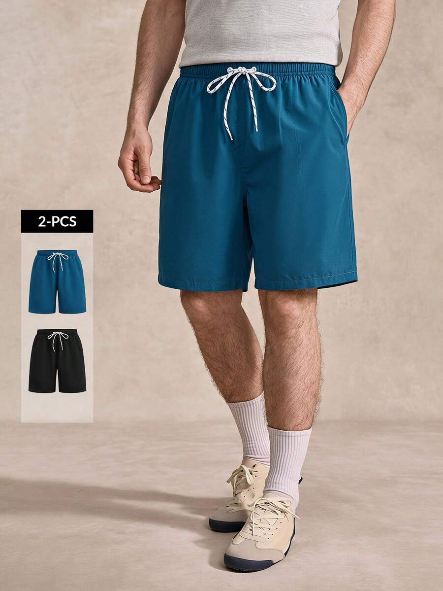 Courvante Tennis Men's 2pcs Swim Trunks Drawstring Waist Front Tie Pocket Solid Color Resort Casual - Multicolor - View 1