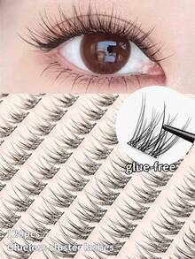 120 Clusters Glue-Free False Eyelashes, C Curl, 12mm Length, Self-Adhesive, Press-On, Natural Look, Reusable, Segmented Self-Stick False Eyelashes, No Glue Needed, Essential For Japanese And Korean Makeup, Suitable For Beginners, Cartoon Manga Style, Dating, Cosplay, Performance, Glue-Free Eyelashes - View 1