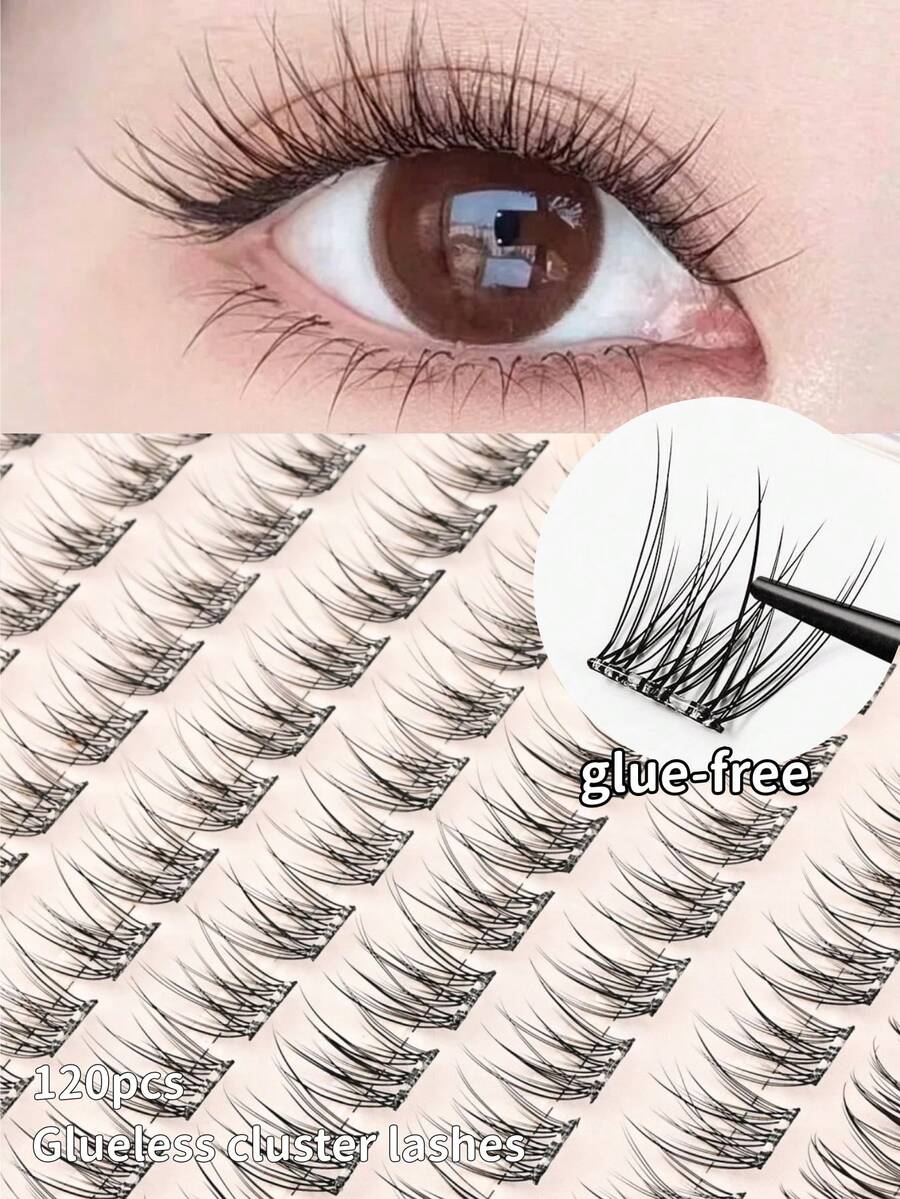 120 Clusters Glue-Free False Eyelashes, C Curl, 12mm Length, Self-Adhesive, Press-On, Natural Look, Reusable, Segmented Self-Stick False Eyelashes, No Glue Needed, Essential For Japanese And Korean Makeup, Suitable For Beginners, Cartoon Manga Style, Dating, Cosplay, Performance, Glue-Free Eyelashes - View 1
