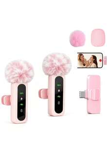Pink Wireless Lavalier Microphone Mini Portable 2.4GHz Dual Lavalier Microphone Plug And Play Lavalier Microphone With Automatic Noise Cancellation And 60mAh Rechargeable Battery Suitable For Video Recording Live Streaming Interview - View 1
