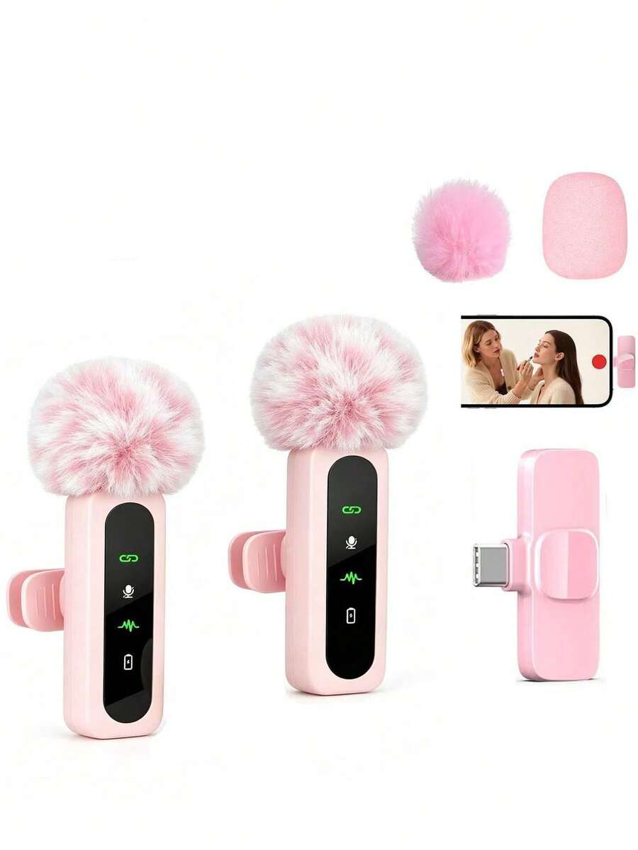 Pink Wireless Lavalier Microphone Mini Portable 2.4GHz Dual Lavalier Microphone Plug And Play Lavalier Microphone With Automatic Noise Cancellation And 60mAh Rechargeable Battery Suitable For Video Recording Live Streaming Interview - View 1