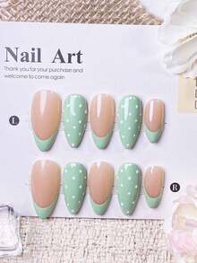 10pcs Handmade Almond Shaped Press-On Nails, Nude Base With Mint Green And White Polka Dot French Tips, Fresh Minimalist Reusable Fake Nail Stickers, Suitable For Spring And Summer Daily Wear - Lime Green - View 1