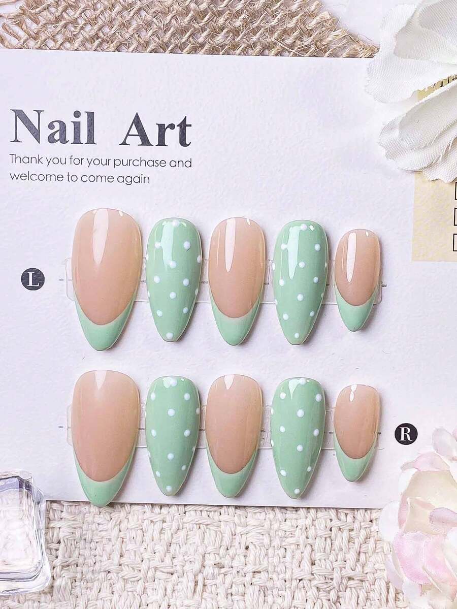 10pcs Handmade Almond Shaped Press-On Nails, Nude Base With Mint Green And White Polka Dot French Tips, Fresh Minimalist Reusable Fake Nail Stickers, Suitable For Spring And Summer Daily Wear - Lime Green - View 1