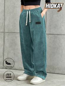 Women's Corduroy Straight Leg Pants With Drawstring Elastic Waist, Suitable For Casual, Sports, Hiking Wear, Spring/Autumn - Blue - View 2