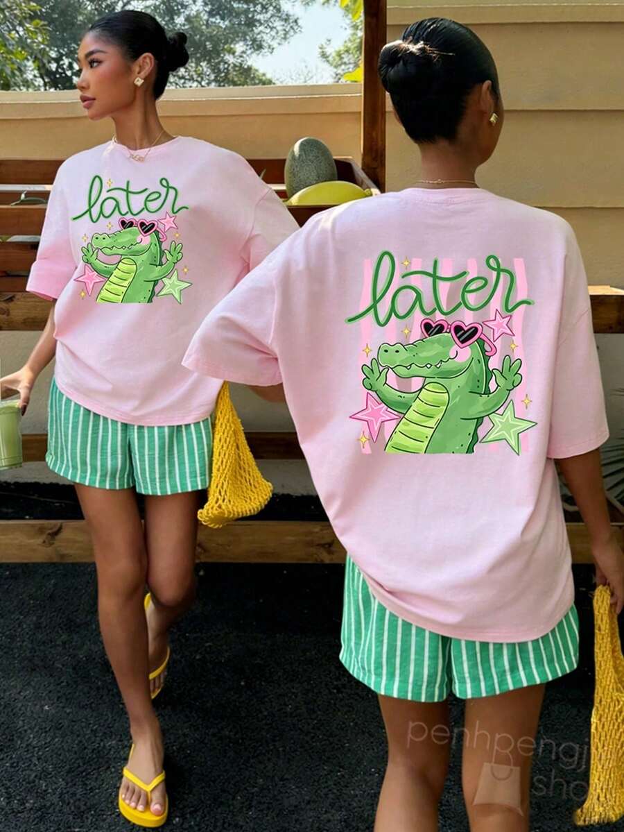 Women's Later Gator Funny Pun Cute Crocodile Casual Oversized Graphic Tee, Last Day Of School, 4th Of July, Vacation, Summer Tops, Teacher Outfits - 彩色 - 查看 1