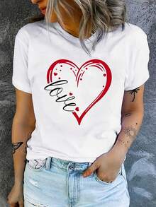 Camiseta de Cuello Redondo para Mujer con Diseño de Corazón Rojo y Letra de Amor en Cursiva, Romántica para San Valentín, Casual de Manga Corta - Blanco - Ver 1