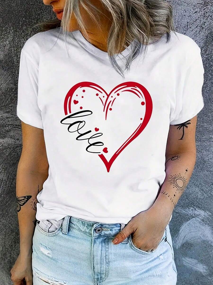 Camiseta de Cuello Redondo para Mujer con Diseño de Corazón Rojo y Letra de Amor en Cursiva, Romántica para San Valentín, Casual de Manga Corta - Blanco - Ver 1