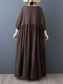 AZAH Halloween Elegant Ball 女款夏季大尺碼棕色格紋波希米亞風長洋裝，圓領寬鬆蝙蝠袖短袖 A 字裙擺附口袋休閒風 - 棕色 - 查看 5