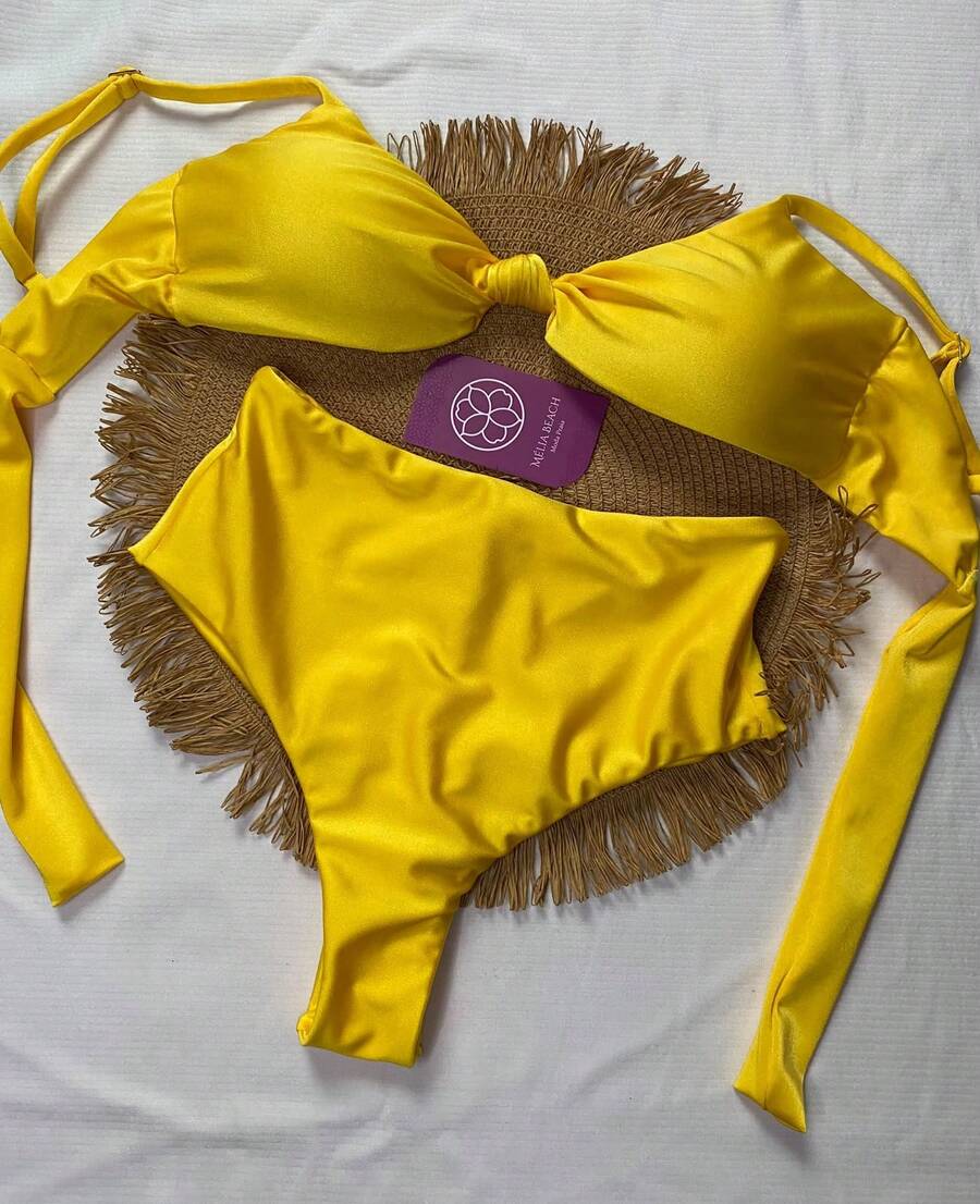 Trilobal Sport Bikini Set With Knot Top And Hot Pant Bottoms – Comfort And Style For Summer - Kuning - View 1